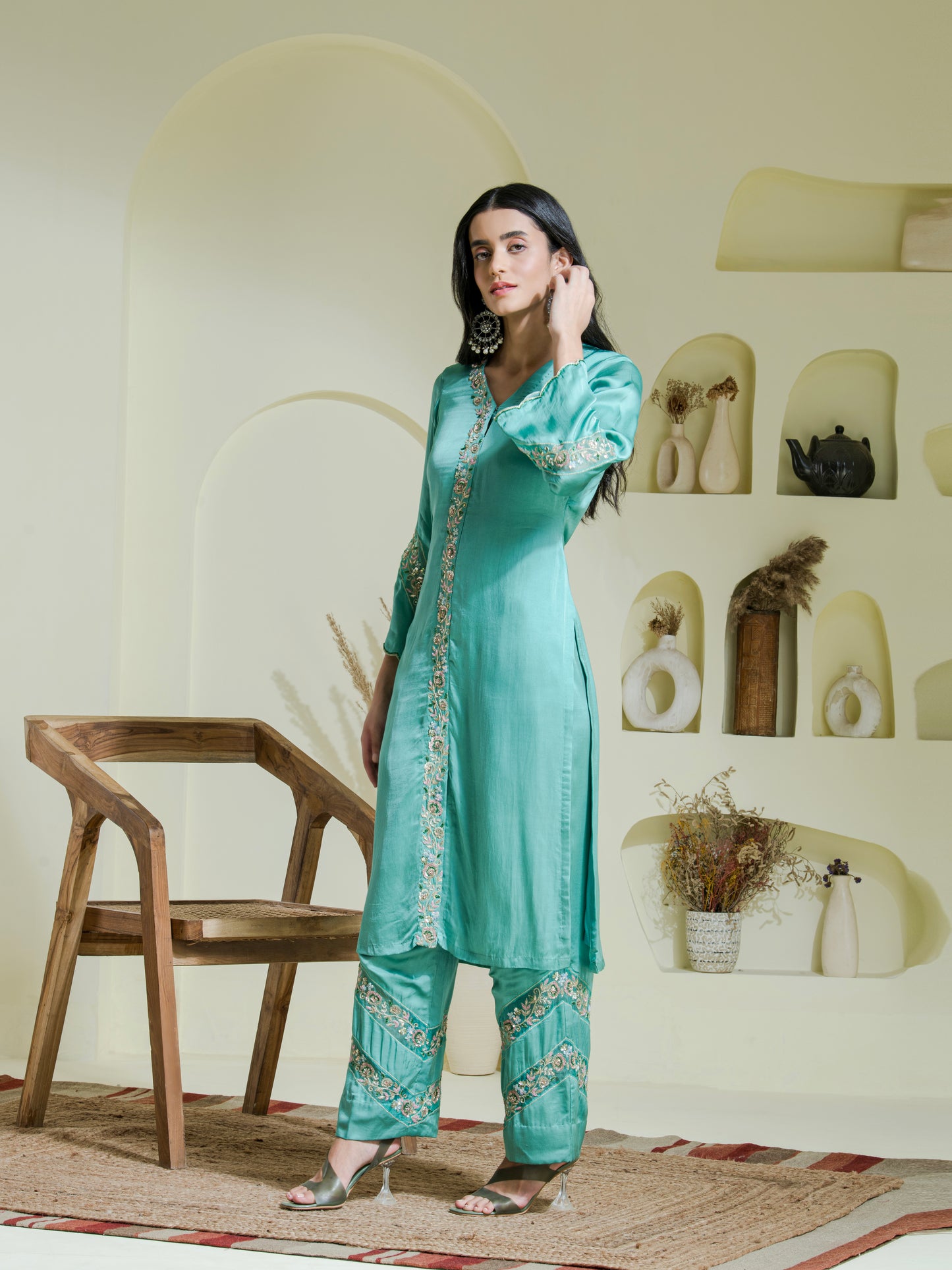 Sea Green Hand Embroidered Three Piece Kurta set (Set of 3)