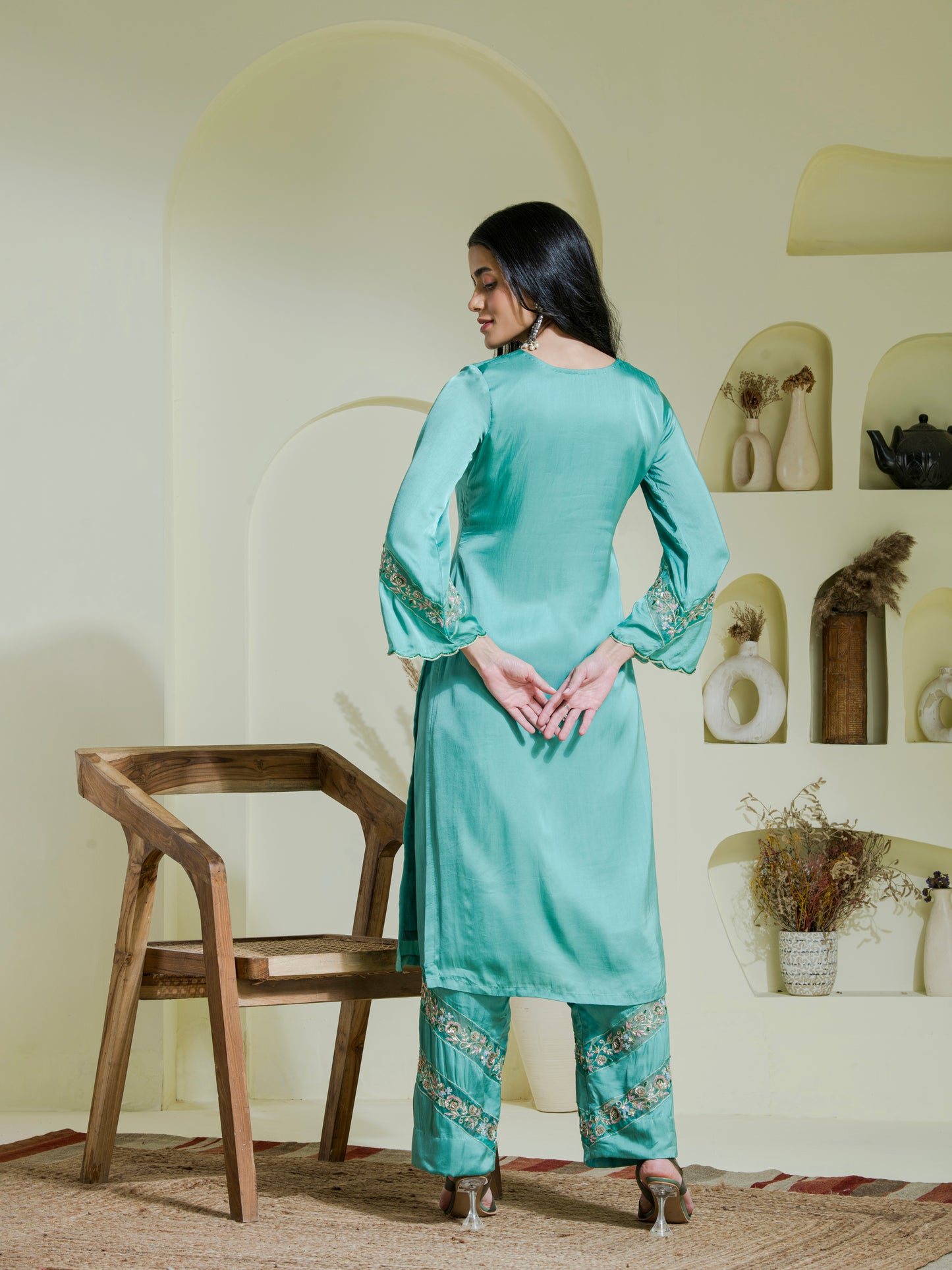 Sea Green Hand Embroidered Three Piece Kurta set (Set of 3)