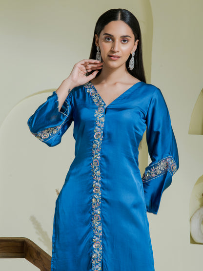 Cobalt Blue Hand Embroidered Kurta Set (Set of 3 )