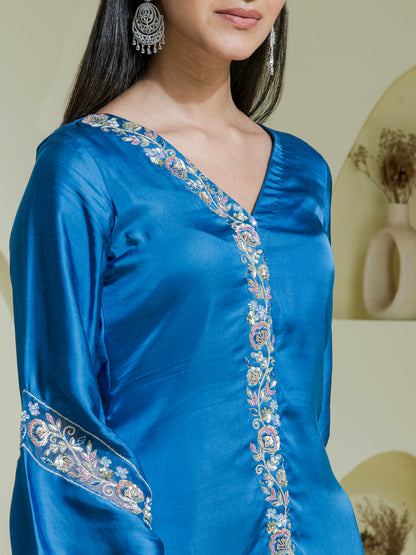 Cobalt Blue Hand Embroidered Kurta Set (Set of 3 )