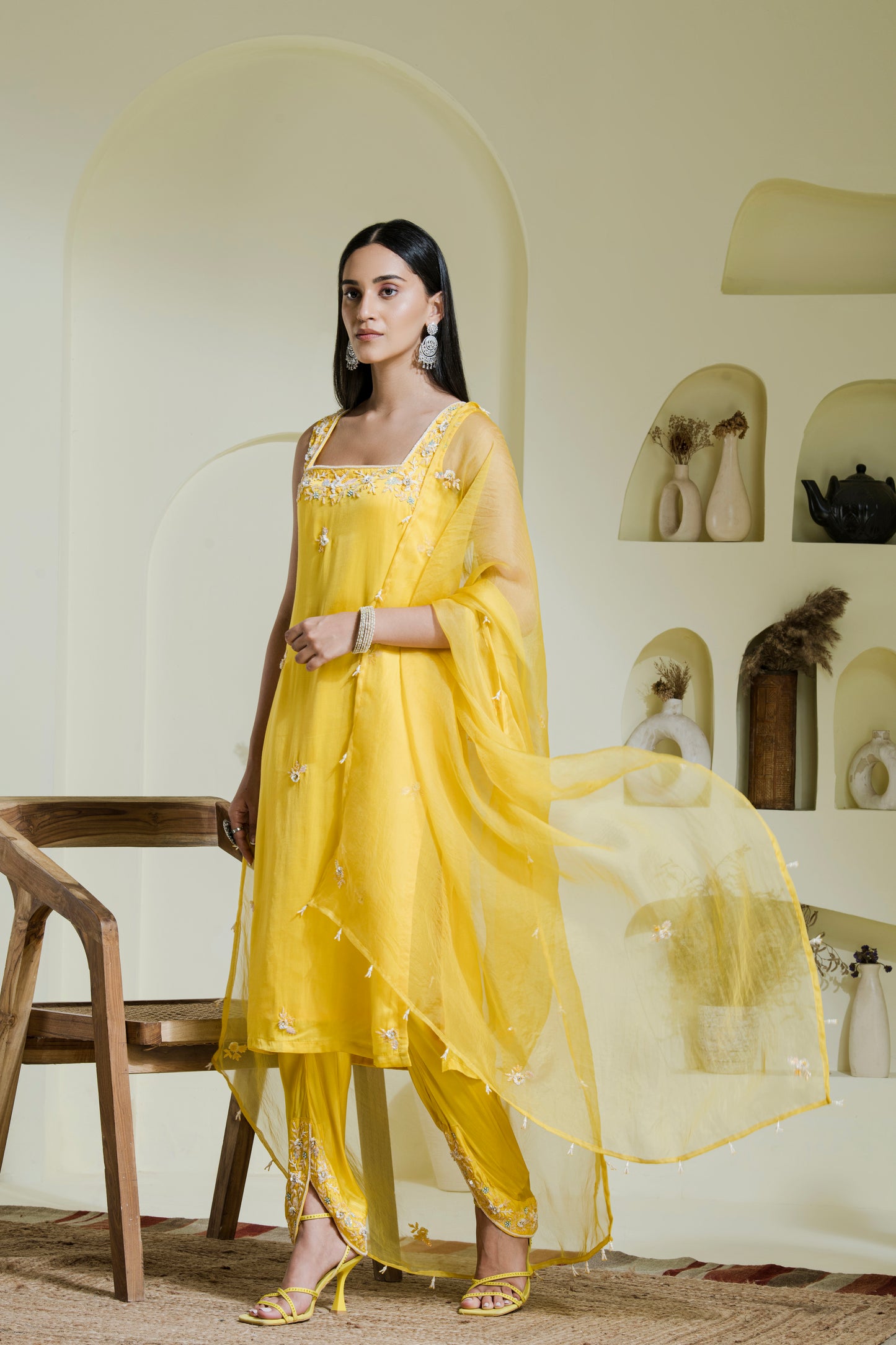 Sunshine Yellow Hand Embroidered Kurta Set(Set of 3)