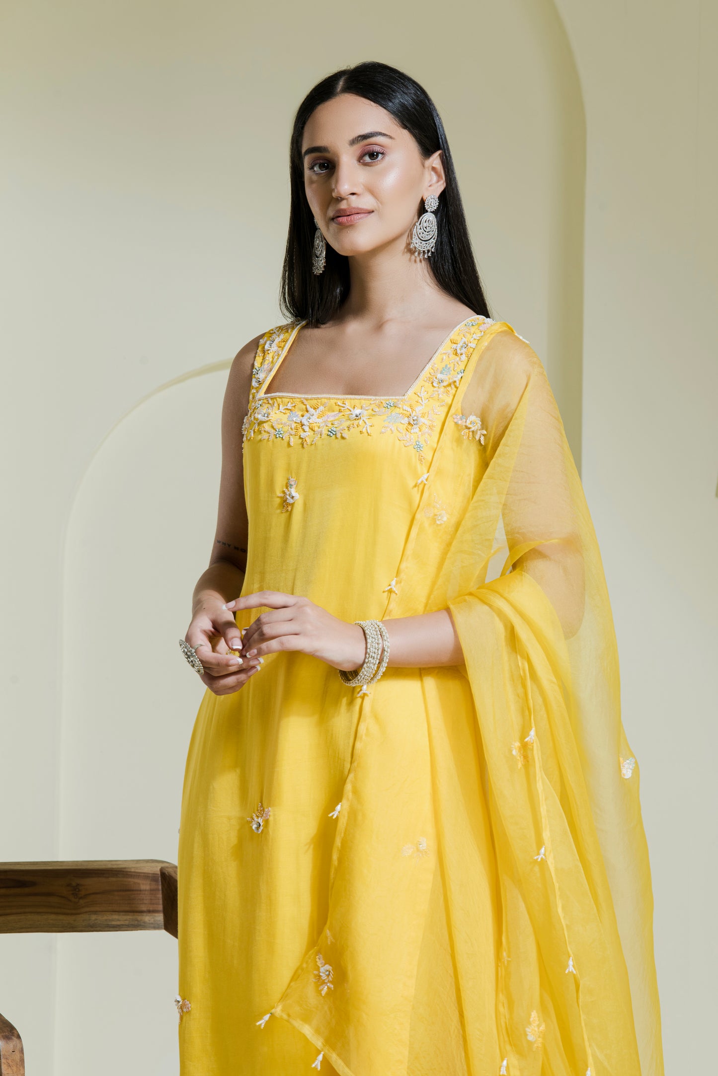 Sunshine Yellow Hand Embroidered Kurta Set(Set of 3)