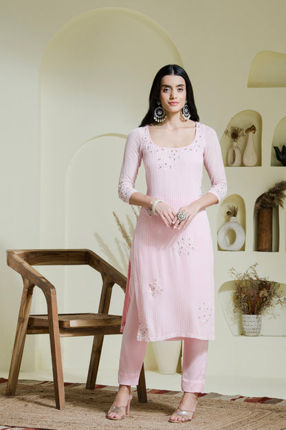 Baby Pink Hand Embroidered three Georgette Kurta Set ( Set of 3 )