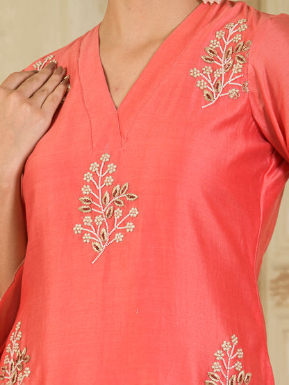 Carrot Pink Embroidered Chanderi Kurta with Pants ( Set of 2 )