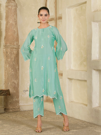 Mint Green Hand Embroidered Chanderi Kurta and Pants ( Set of 2 )