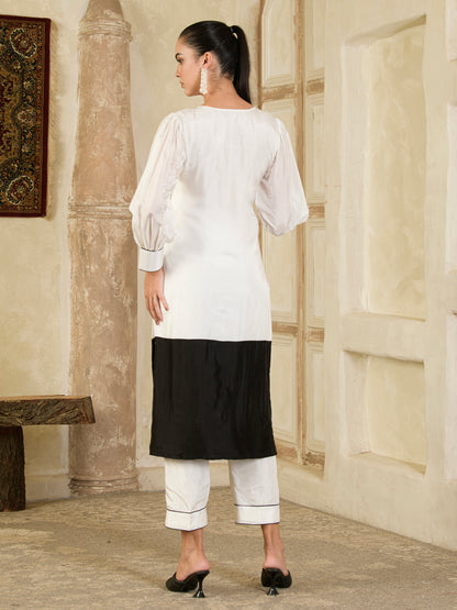 White and Black Colour Block Kurta and Pants ( set of 2 )
