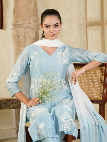 Sky Blue Hand Embroidered Chanderi Kurta Set ( set of 3 )