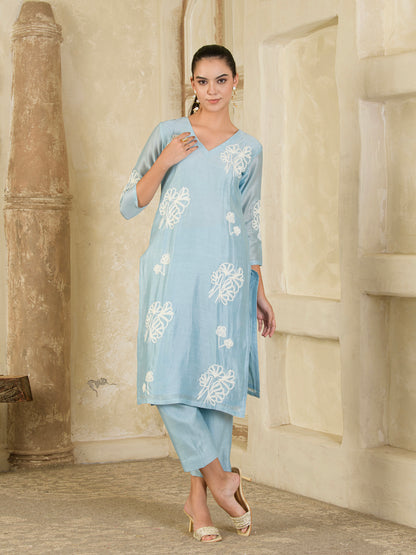 Sky Blue Hand Embroidered Chanderi Kurta Set ( set of 3 )