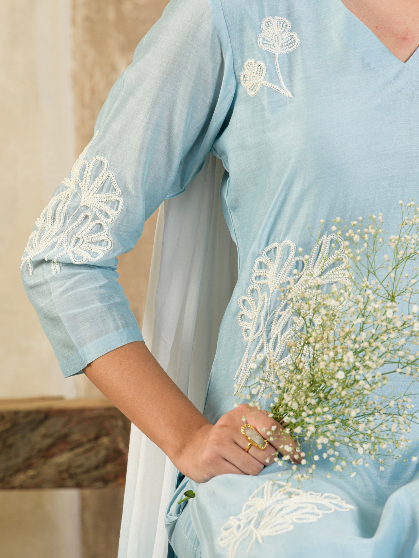 Sky Blue Hand Embroidered Chanderi Kurta Set ( set of 3 )