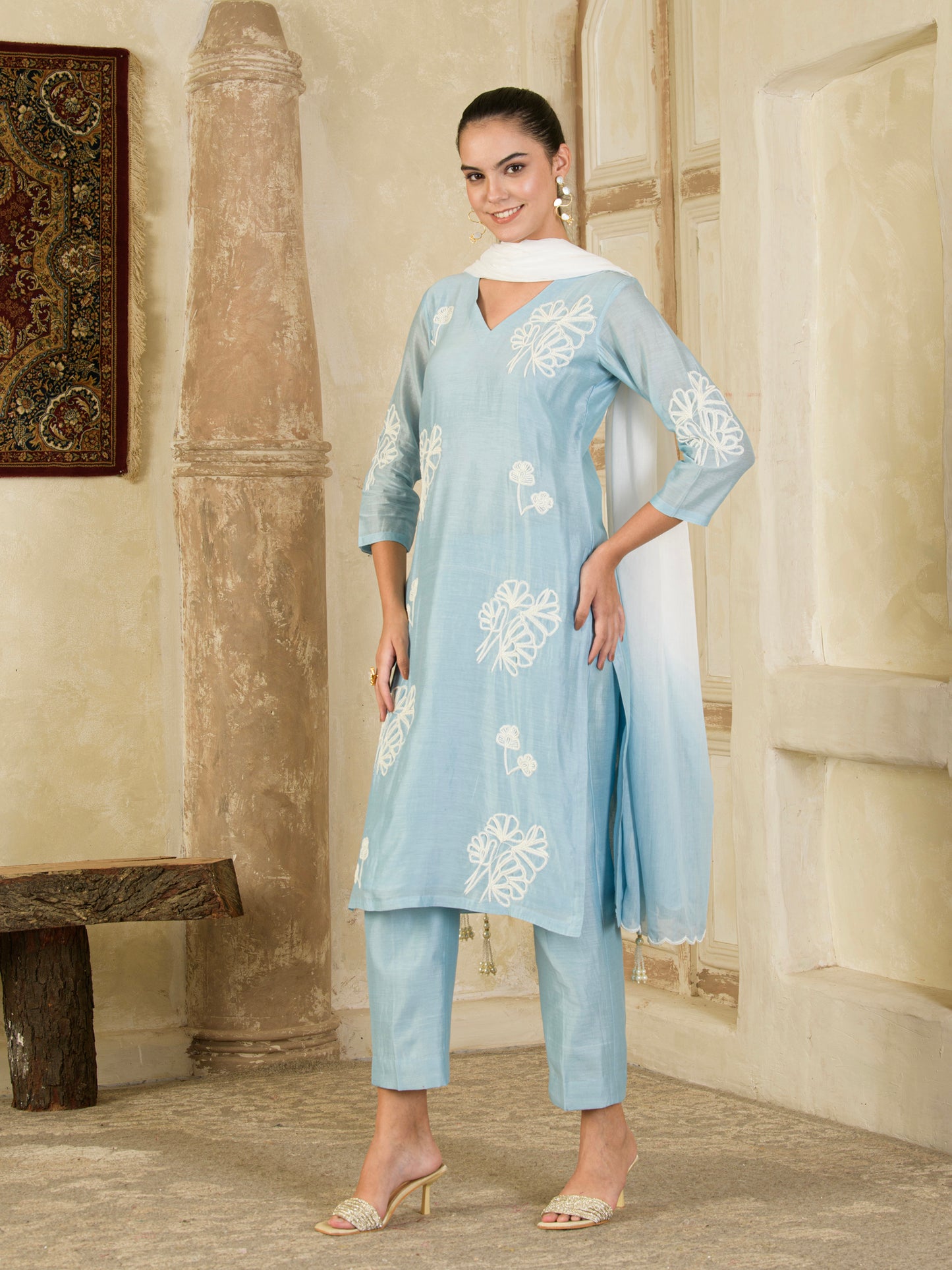 Sky Blue Hand Embroidered Chanderi Kurta Set ( set of 3 )