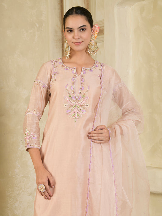 Beige & Purple Hand Embroidered Chanderi Kurta Set ( Set of 3 )