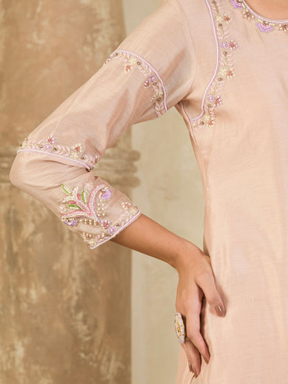 Beige & Purple Hand Embroidered Chanderi Kurta Set ( Set of 3 )