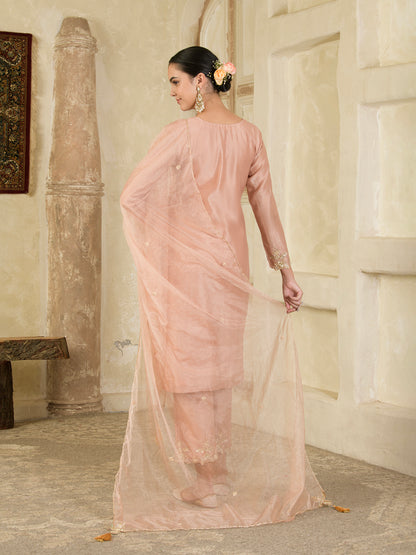 Rose Gold Hand Embroidered Chanderi Kurta Set ( Set of 2 )