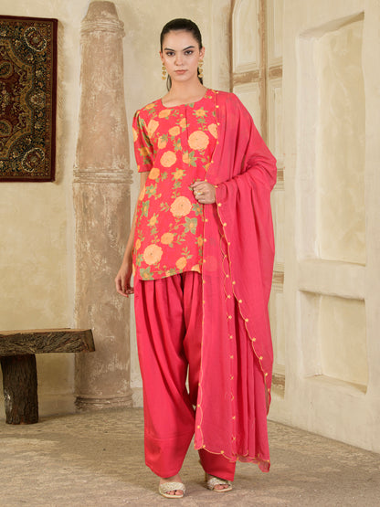 Pink Printed Farsi Salwar Kurta Set ( set of 3 )