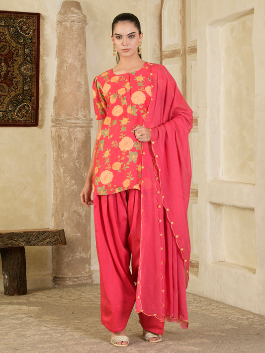 Pink Printed Farsi Salwar Kurta Set ( set of 3 )