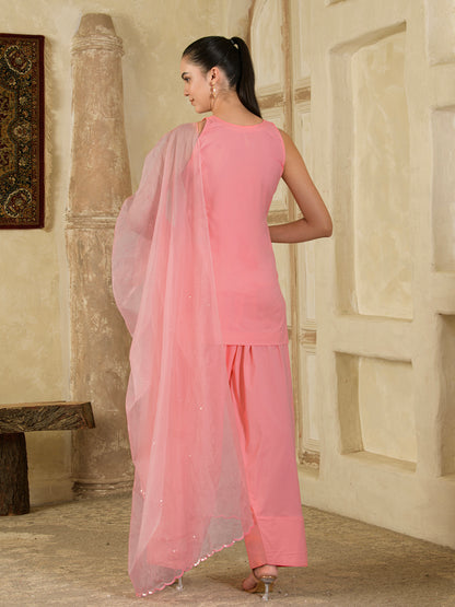 Pink Sequins Embroidered Farsi Salwar Kurta Set ( set of 3 )