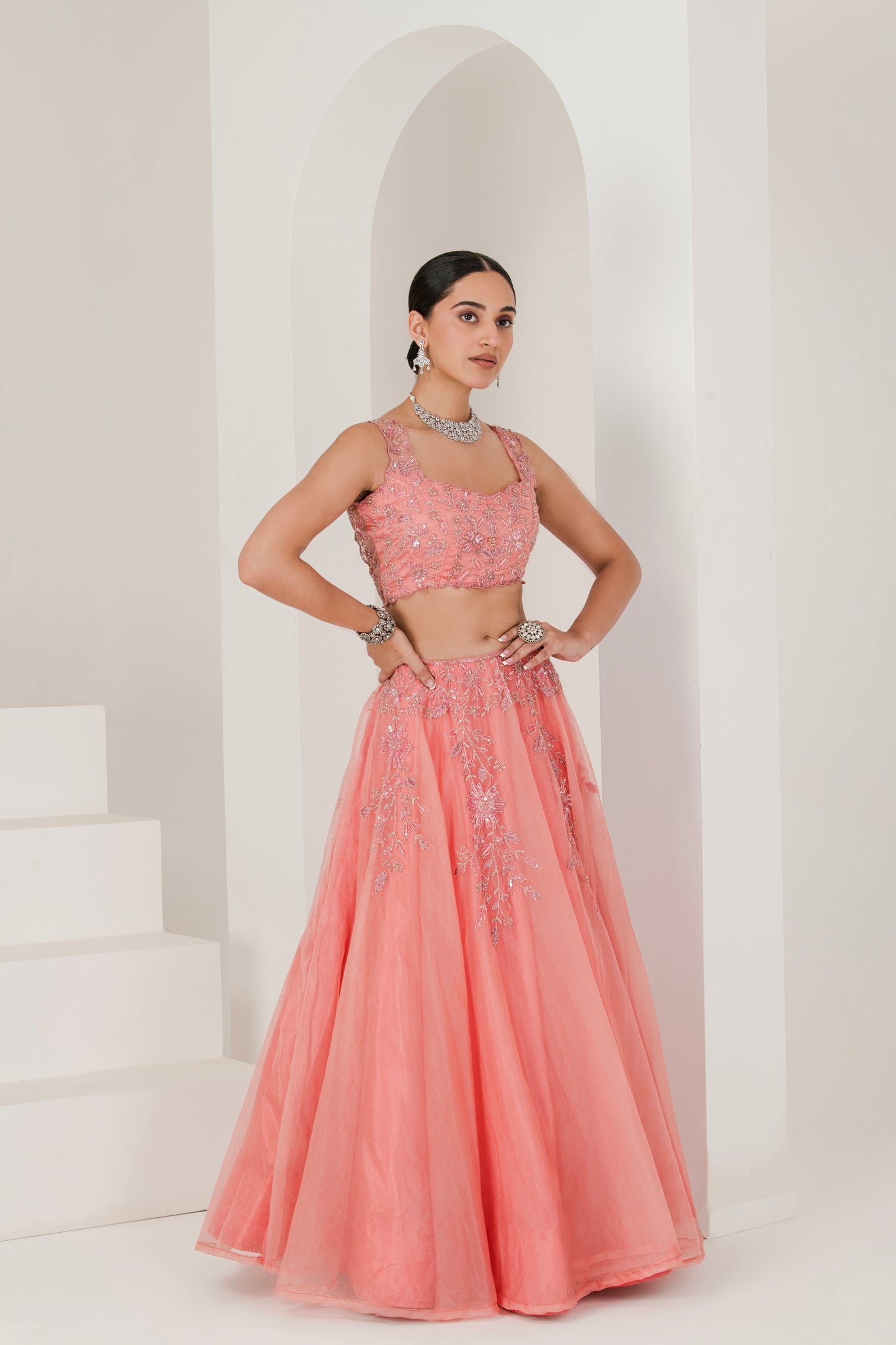 Dusty Pink Hand Embroidered Organza Lehenga (Set of 3)