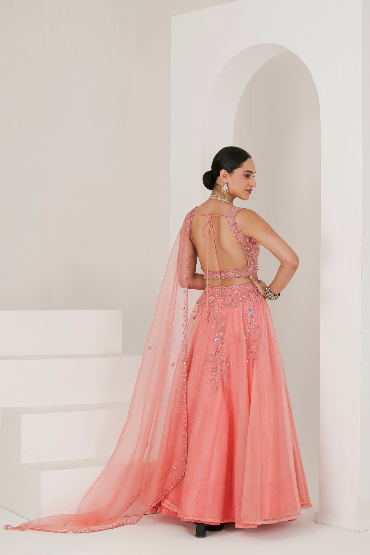 Dusty Pink Hand Embroidered Organza Lehenga (Set of 3)