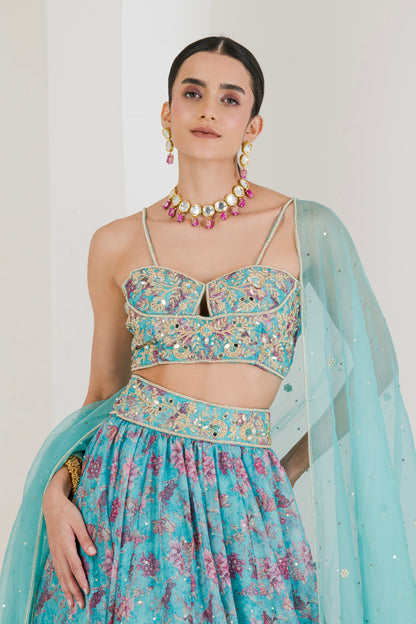 Aqua Floral Print Hand Embroidered Organza Lehenga (Set of 3)