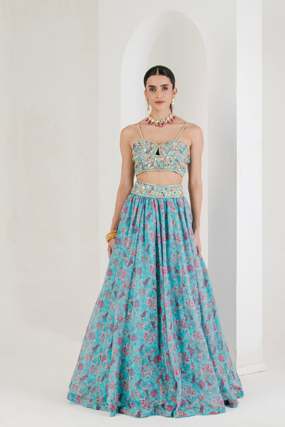 Aqua Floral Print Hand Embroidered Organza Lehenga (Set of 3)