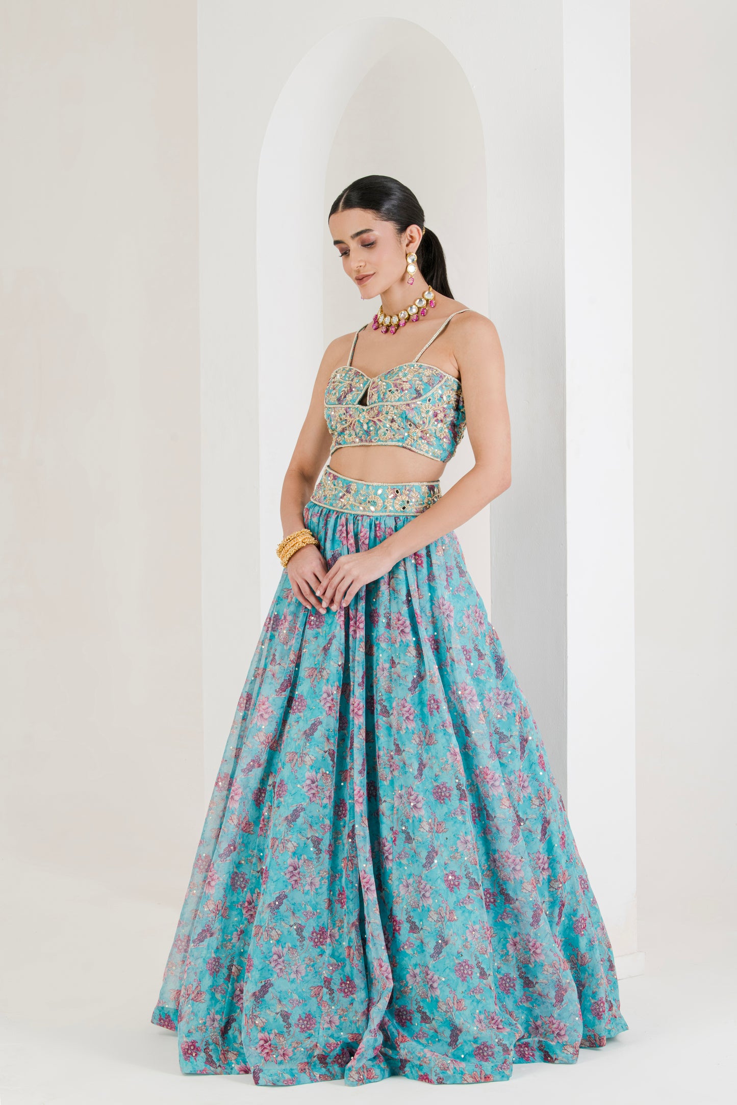 Aqua Floral Print Hand Embroidered Organza Lehenga (Set of 3)