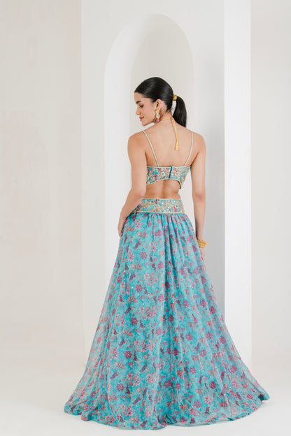 Aqua Floral Print Hand Embroidered Organza Lehenga (Set of 3)