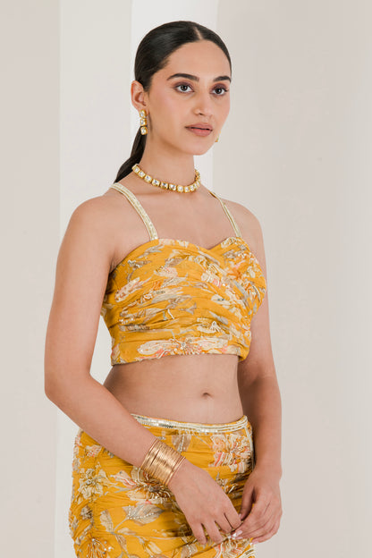 Yellow Floral Print Draped Lehenga ( Set of 3 )