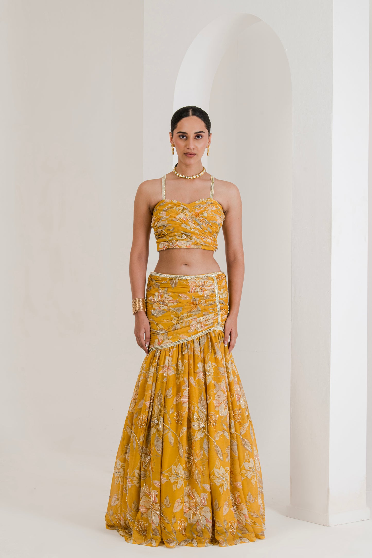 Yellow Floral Print Draped Lehenga ( Set of 3 )