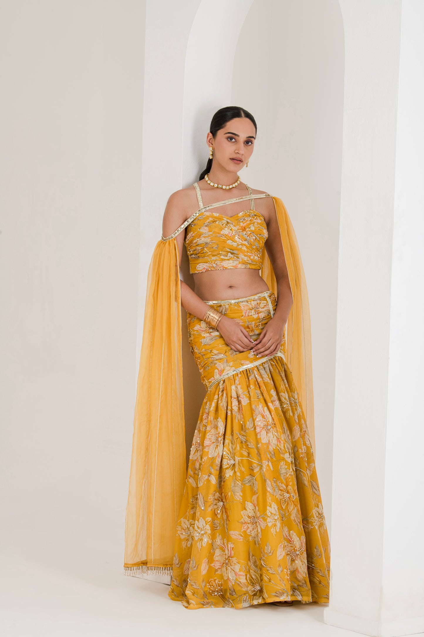 Yellow Floral Print Draped Lehenga ( Set of 3 )