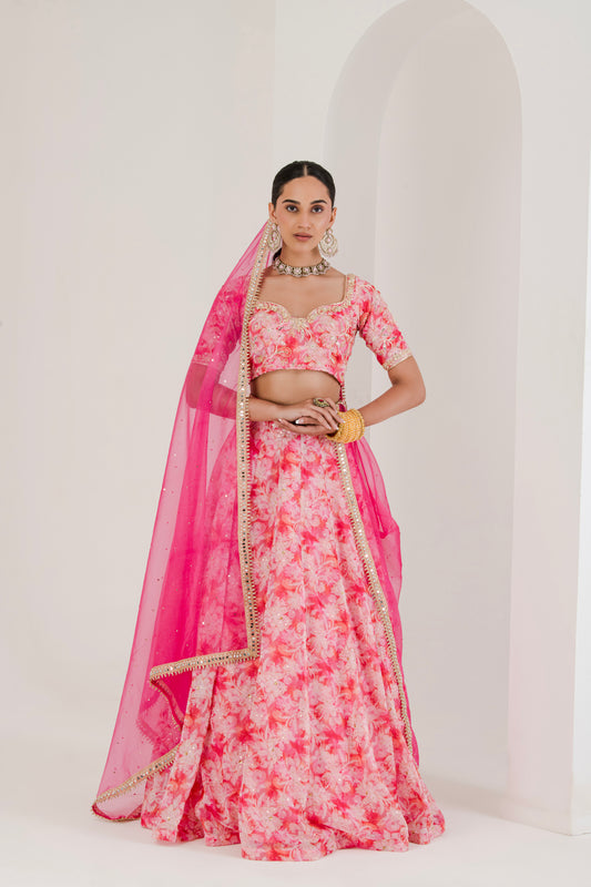 Pink Floral Print Hand Embroidered Lehenga Set ( Set of 3 )