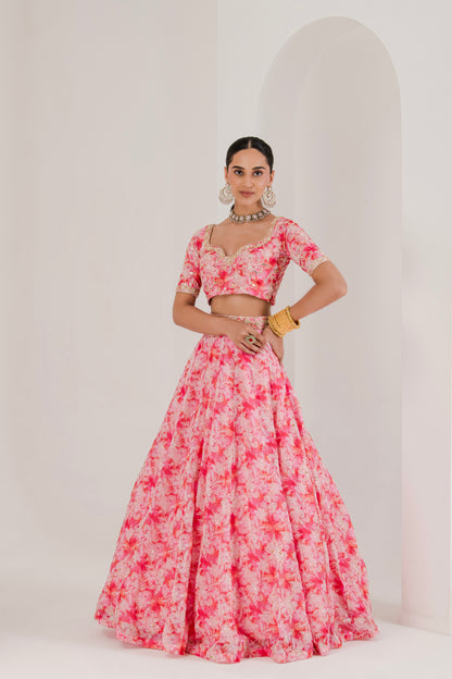 Pink Floral Print Hand Embroidered Lehenga Set ( Set of 3 )