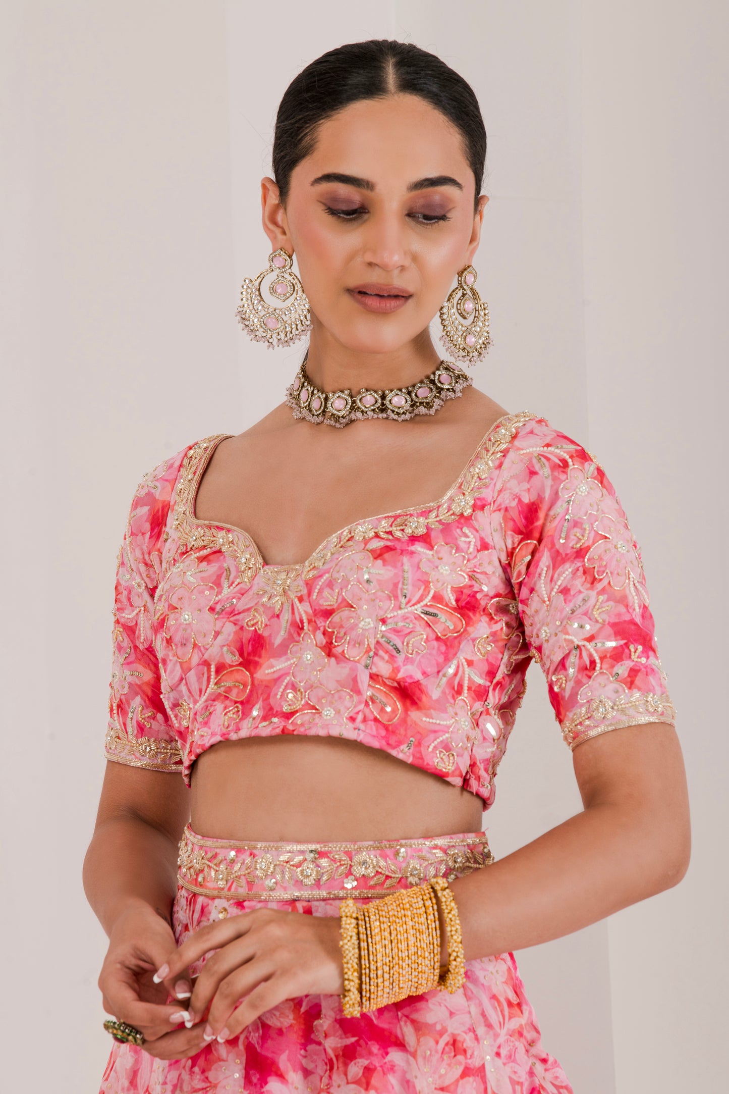 Pink Floral Print Hand Embroidered Lehenga Set ( Set of 3 )