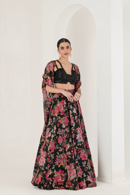 Black floral Print Lehenga With Cape ( Set of 3 )