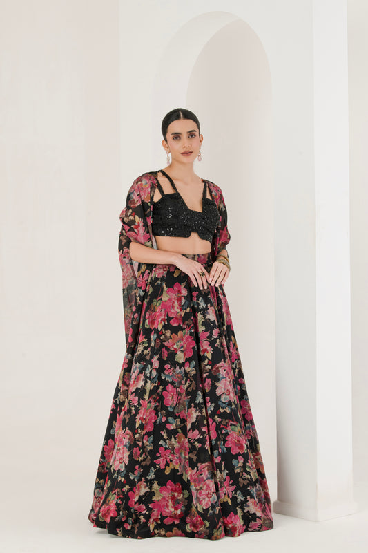 Black floral Print Lehenga With Cape ( Set of 3 )