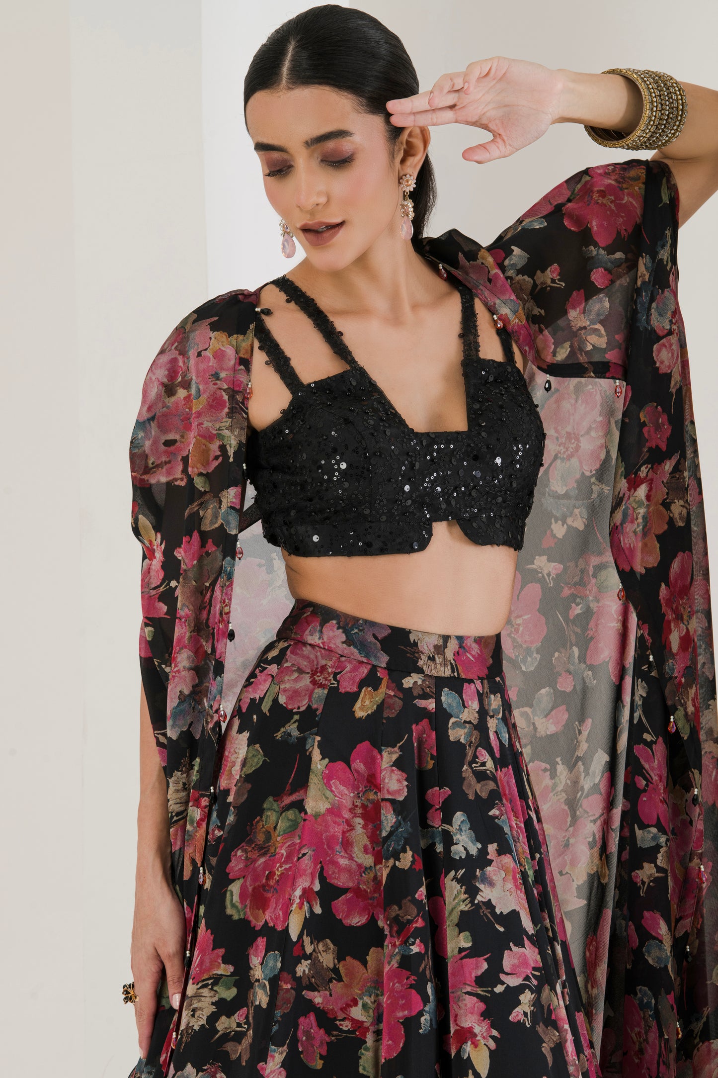 Black floral Print Lehenga With Cape ( Set of 3 )