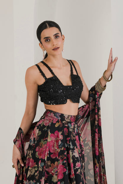 Black floral Print Lehenga With Cape ( Set of 3 )