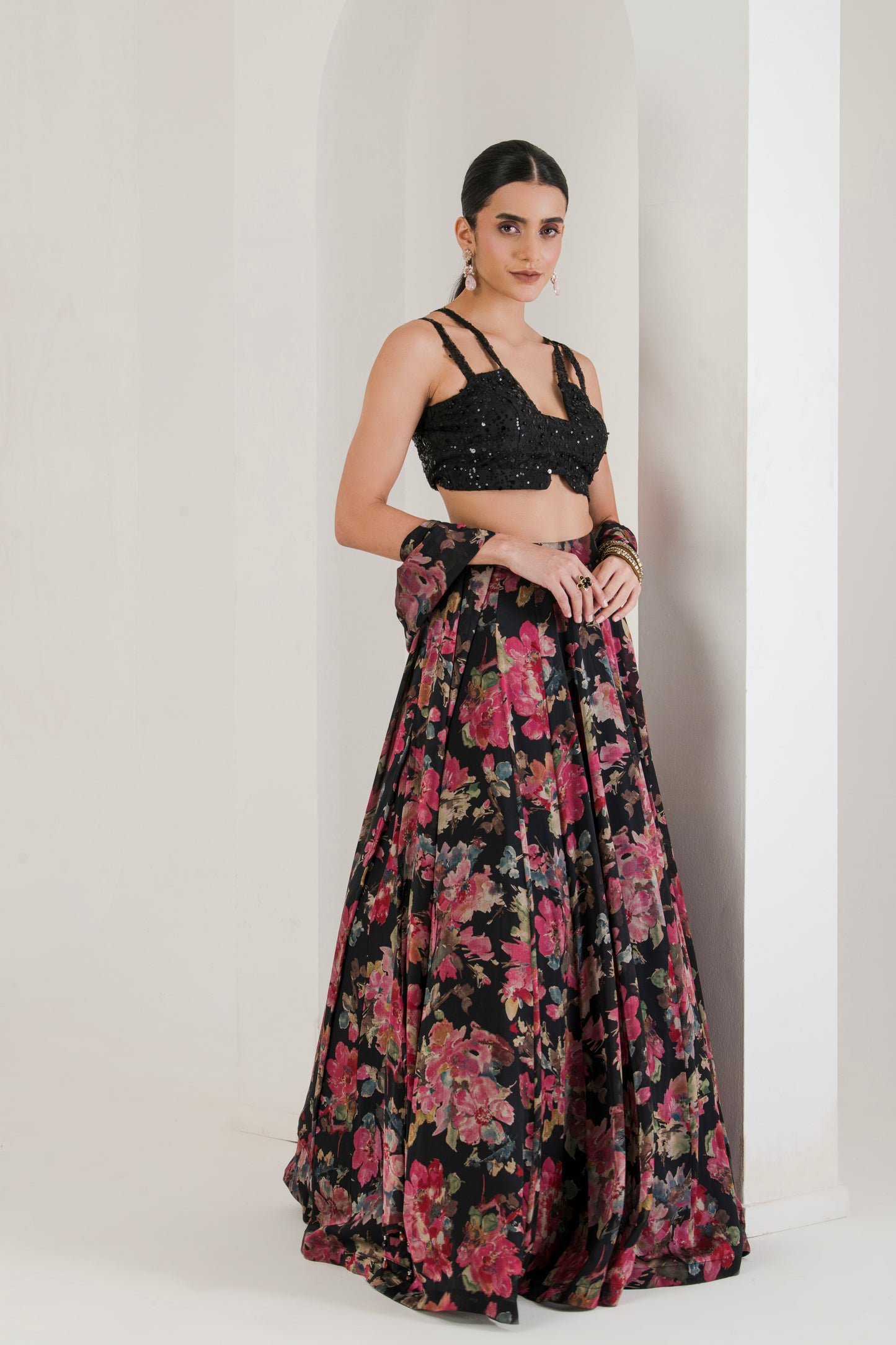 Black floral Print Lehenga With Cape ( Set of 3 )