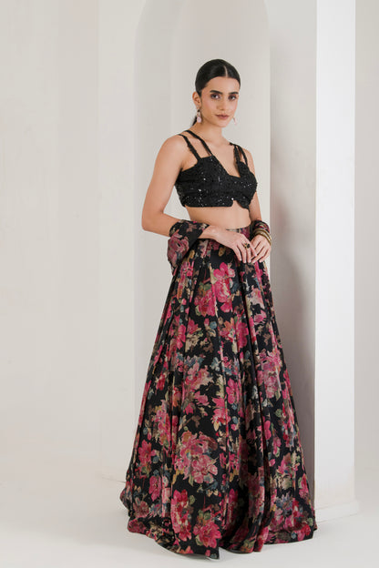 Black floral Print Lehenga With Cape ( Set of 3 )