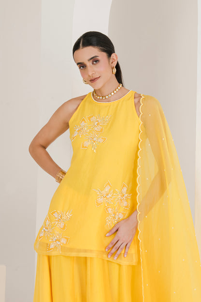 Yellow Hand Embroidered Organza Sharara Set ( Set of 3 )