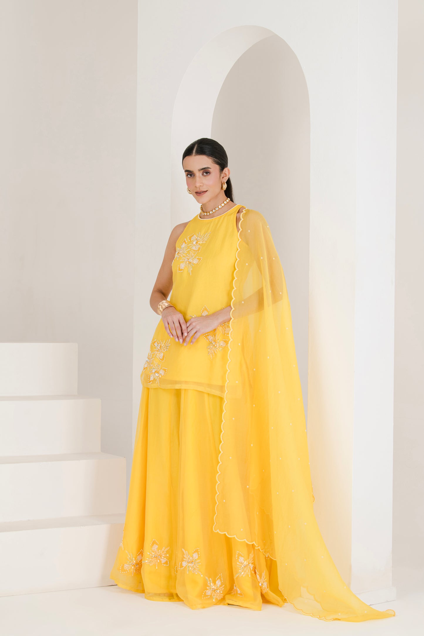 Yellow Hand Embroidered Organza Sharara Set ( Set of 3 )