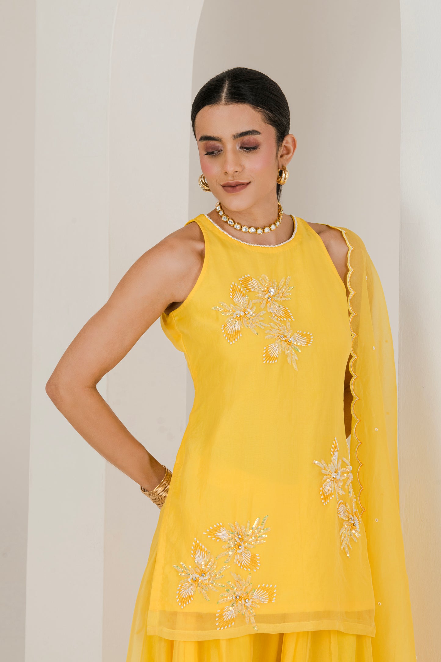 Yellow Hand Embroidered Organza Sharara Set ( Set of 3 )