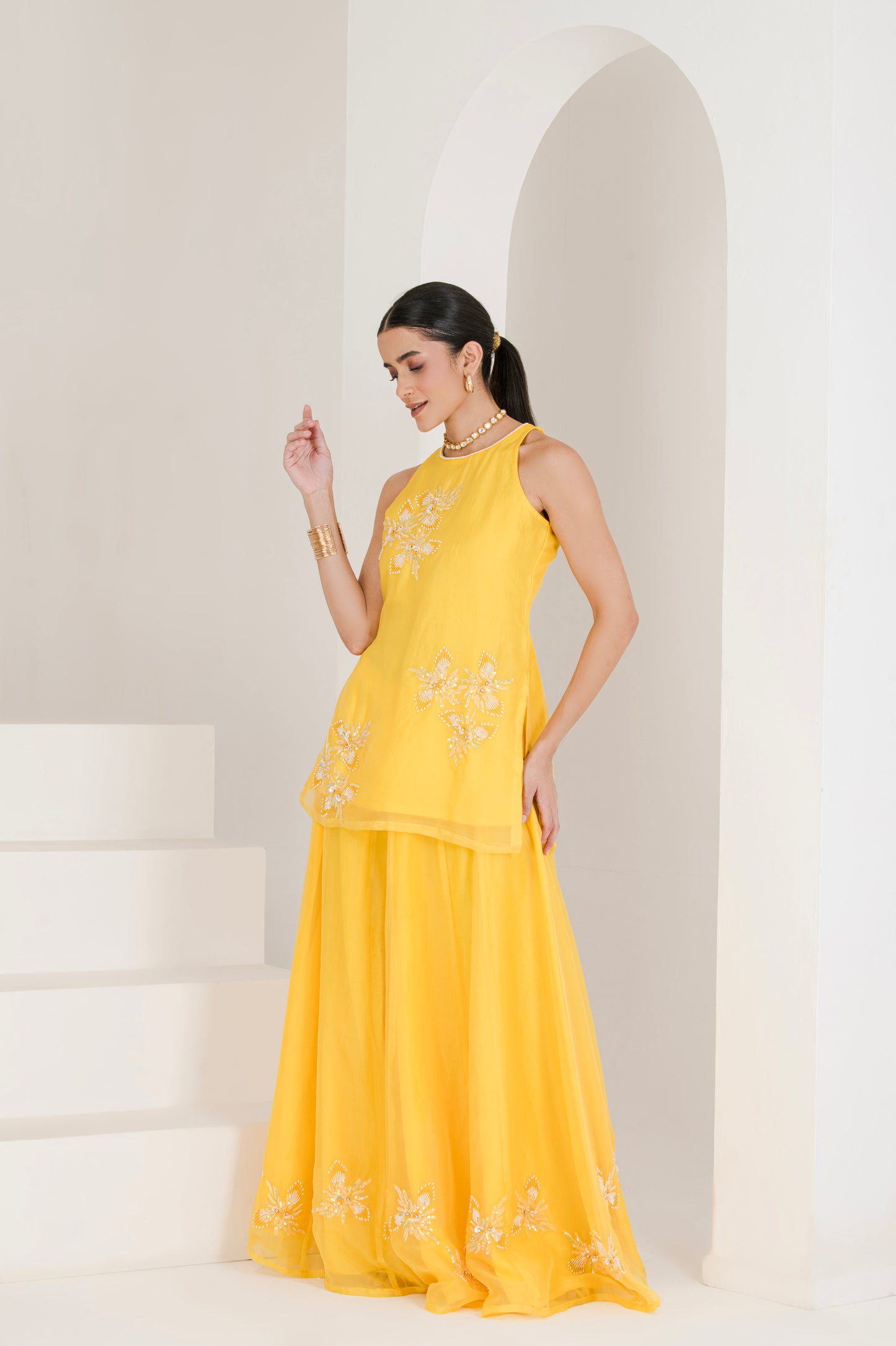 Yellow Hand Embroidered Organza Sharara Set ( Set of 3 )