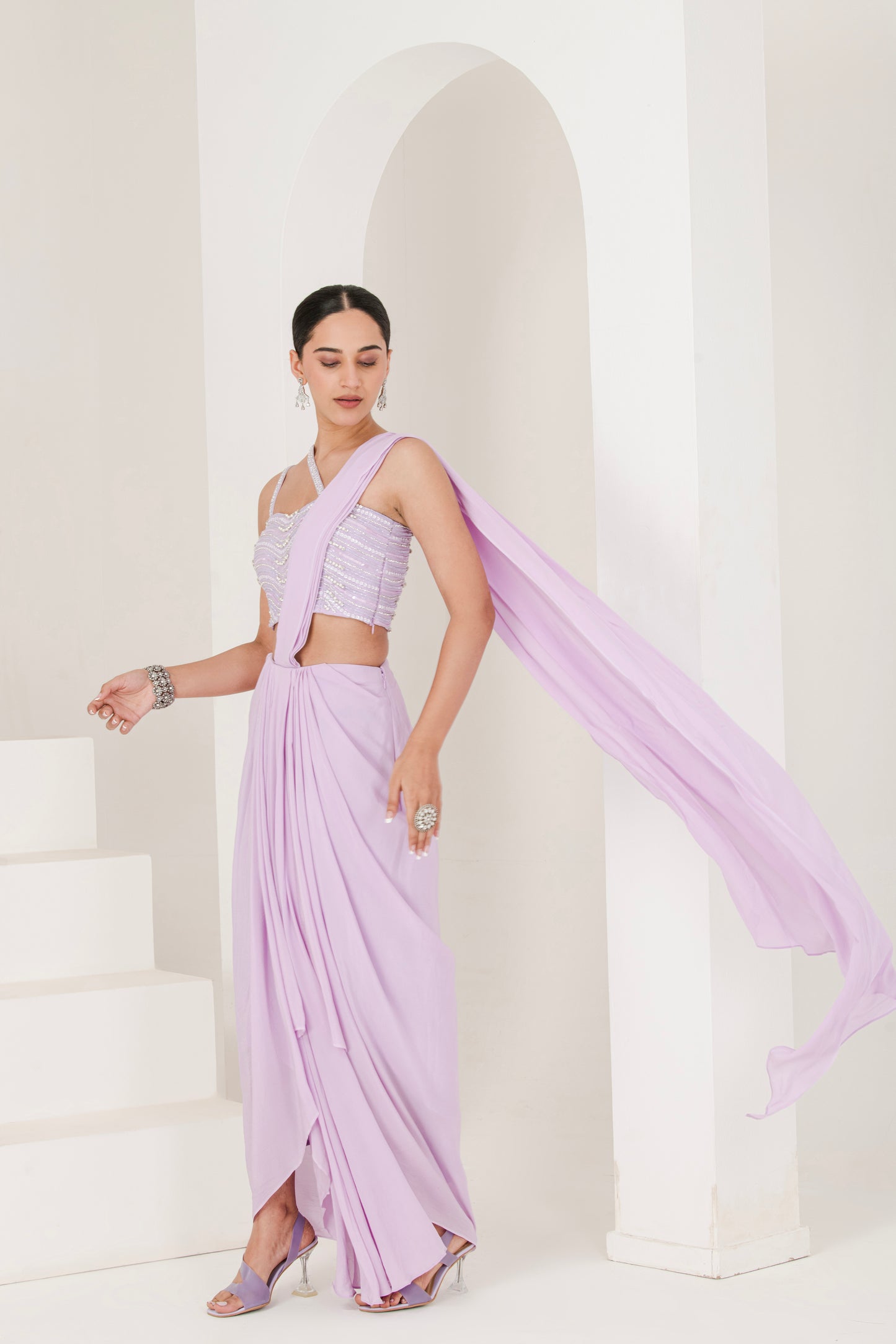 Lilac Hand Embroidered Crepe Drape style Pre Stitched Saree ( Set of 2 )