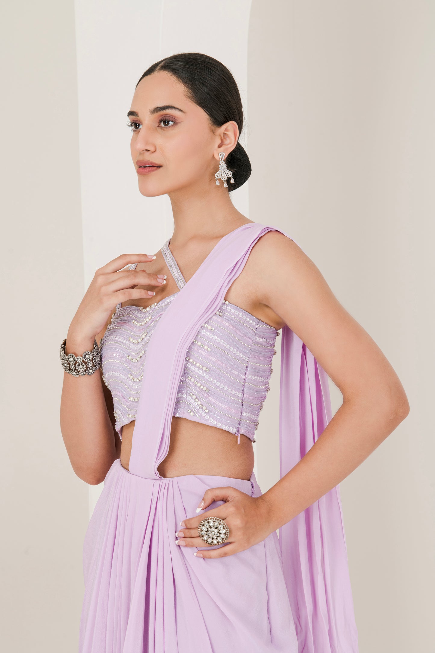 Lilac Hand Embroidered Crepe Drape style Pre Stitched Saree ( Set of 2 )