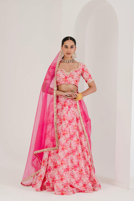 Pink Floral Print Hand Embroidered Lehenga Set for women