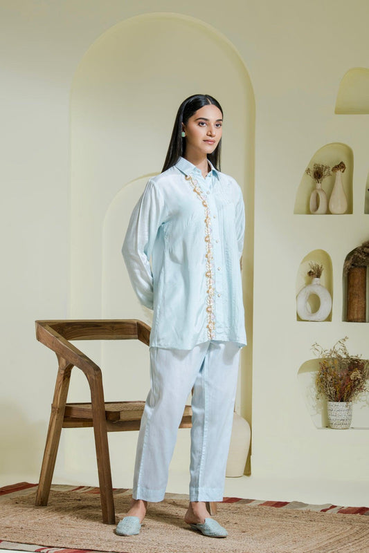 Powder Blue Hand Embroidered Co-ord for women