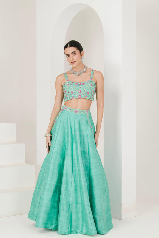 Sea Green & Ruby Pink Hand Embroidered Raw Silk Lehenga for women