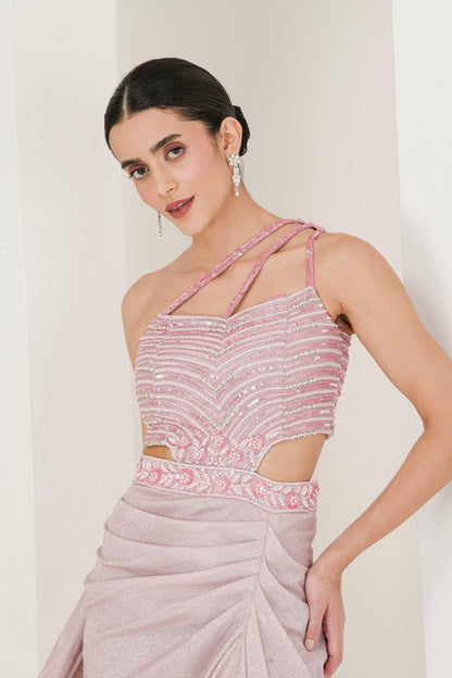 Shimmer Blush pink Draped Pre Stitched Saree front view