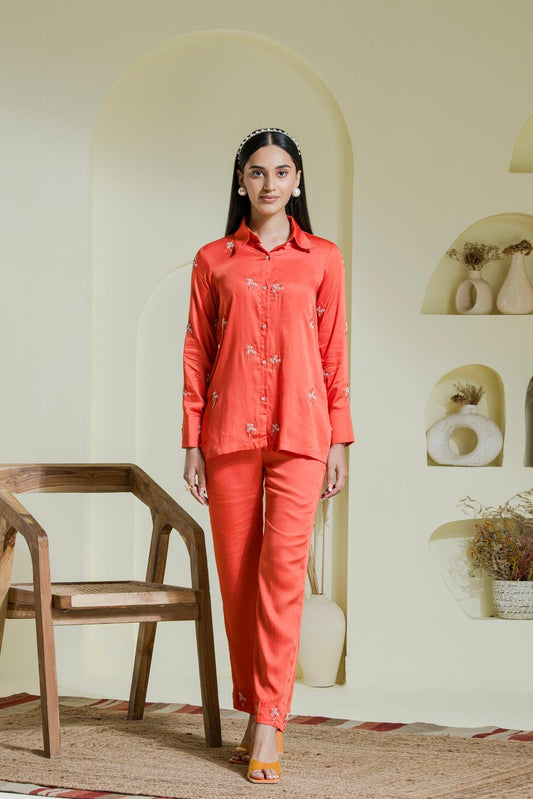 Vivid Orange Embroidered Satin Co-ord for women