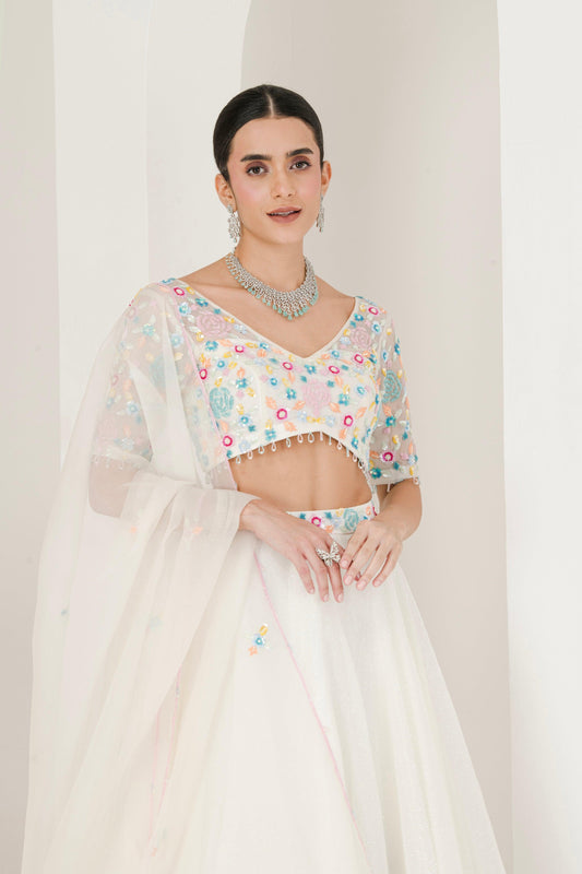 White Floral Hand Embroidered Organza Lehenga set for women